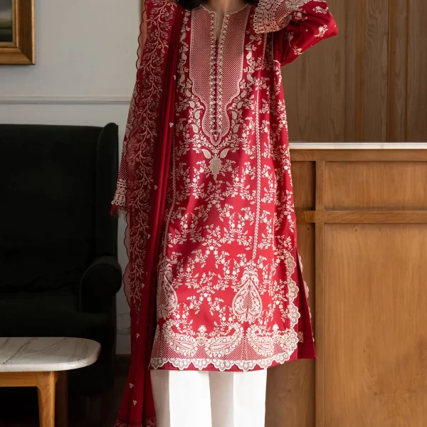 Zara shahjahan , satori lawn 25’ , 3 PIECE SUIT , unstitched, lawn , CRIMSON RED color , mei-8a, front,salwar kameez