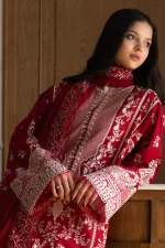 Zara shahjahan , satori lawn 25’ , 3 PIECE SUIT , unstitched, lawn , CRIMSON RED color , mei-8a, front, kameez