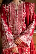 Zara shahjahan , satori lawn 25’ , 3 PIECE SUIT , unstitched, lawn , CRIMSON RED color , mei-8a, front kameez sleeves