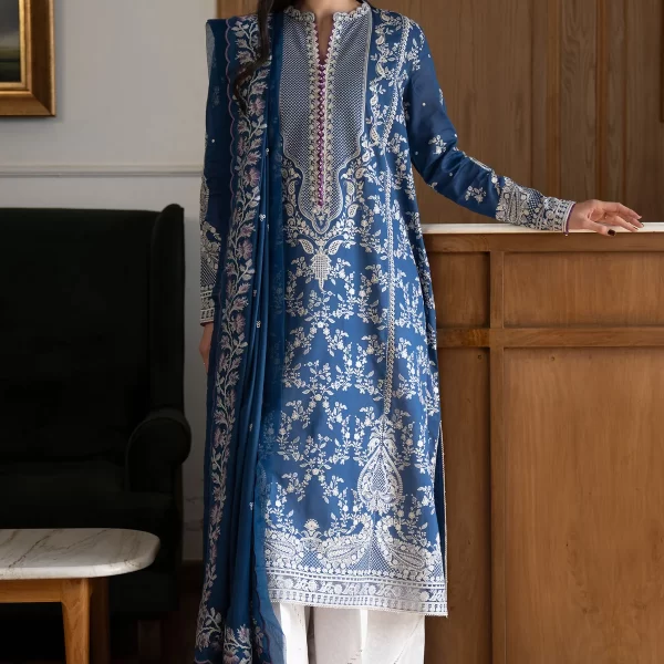 Zara shahjahan , satori lawn 25’ , 3 PIECE SUIT , unstitched, lawn , sapphire blue color , mei-8b, front, salwar kameez