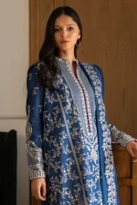 Zara shahjahan , satori lawn 25’ , 3 PIECE SUIT , unstitched, lawn , sapphire blue color , mei-8b, front, kameez
