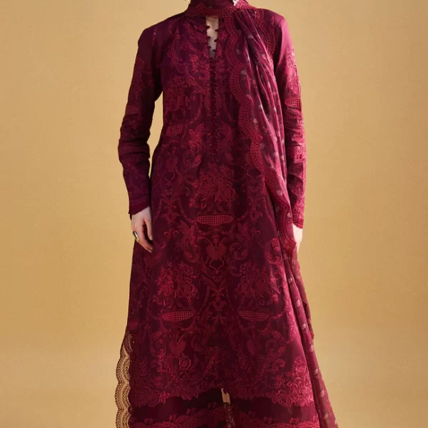 Zara shahjahan , satori lawn 25’ , 3 PIECE SUIT , unstitched, lawn , deep crimson color , sei-9a, front, salwar kameez