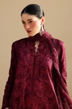 Zara shahjahan , satori lawn 25’ , 3 PIECE SUIT , unstitched, lawn , deep crimson color , sei-9a, front, kameez