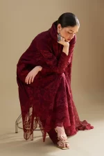 Zara shahjahan , satori lawn 25’ , 3 PIECE SUIT , unstitched, lawn , deep crimson color , sei-9a, front salwar kameez dupatta