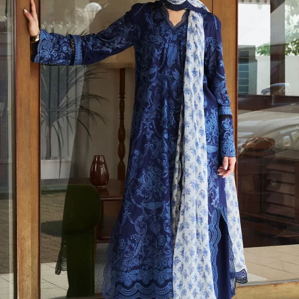 Zara shahjahan , satori lawn 25’ , 3 PIECE SUIT , unstitched, lawn , midnight blue color , sei-9b, front salwar kameez and dupatta