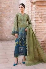 Maria b, luxe lawn 25’ , 3 PIECE SUIT , unstitched, lawn , OLIVE color , D-2501-A, FRONT