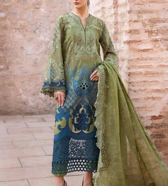 Maria b, luxe lawn 25’ , 3 PIECE SUIT , unstitched, lawn , OLIVE color , D-2501-A, FRONT