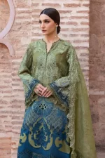Maria b, luxe lawn 25’ , 3 PIECE SUIT , unstitched, lawn , OLIVE color , D-2501-A, FRONT SHIRT
