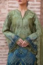 Maria b, luxe lawn 25’ , 3 PIECE SUIT , unstitched, lawn , OLIVE color , D-2501-A, SHIRT