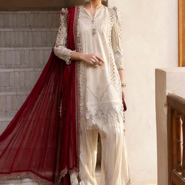 Maria b, luxe lawn 25’ , 3 PIECE SUIT , unstitched, lawn , beige color , D-2511-b, FRONT
