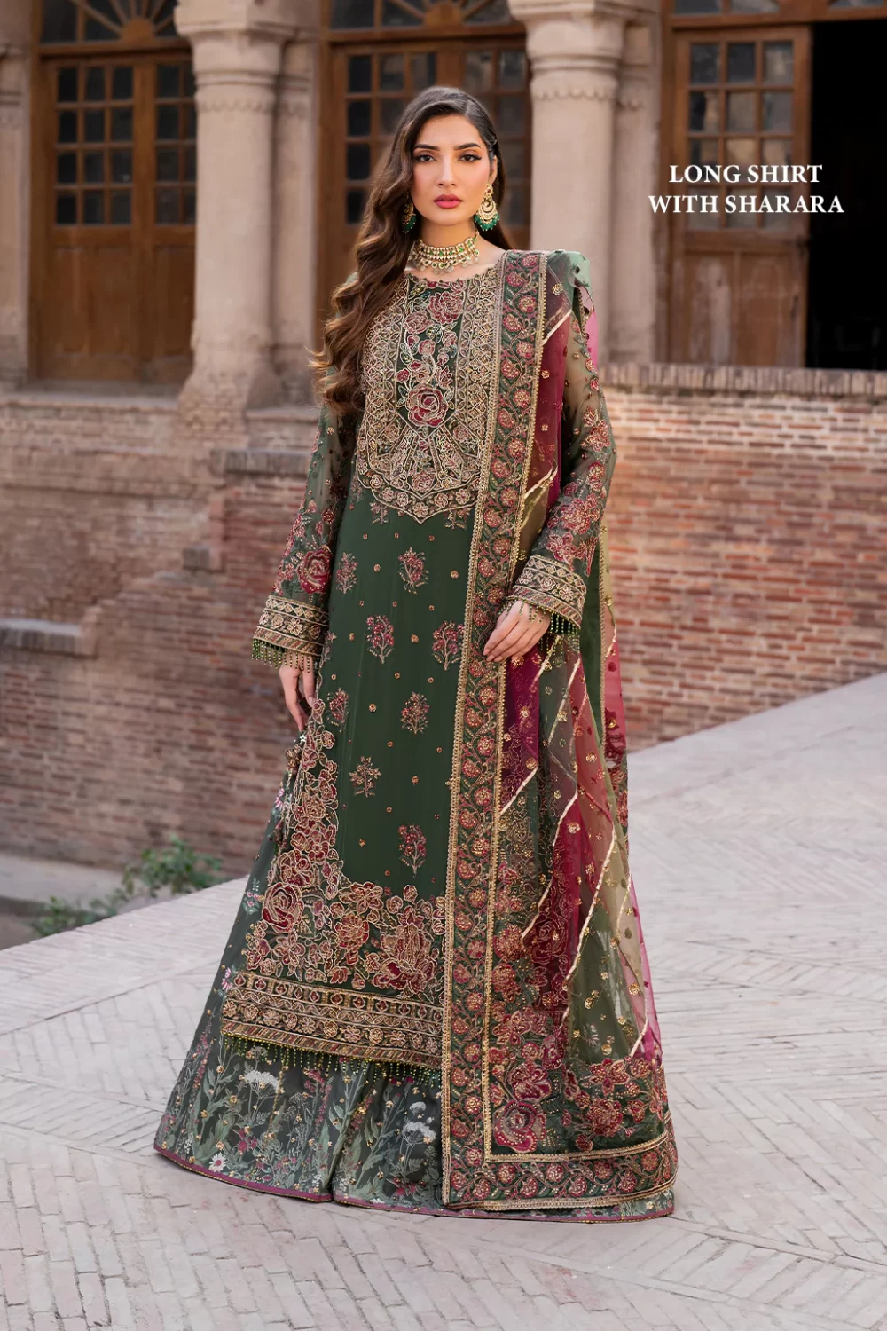 Iznik, luxury chiffon, 25’ , 3 PIECE SUIT , unstitched, chiffon , GREEN , ILC-01, FRONT, LONG SHIRT