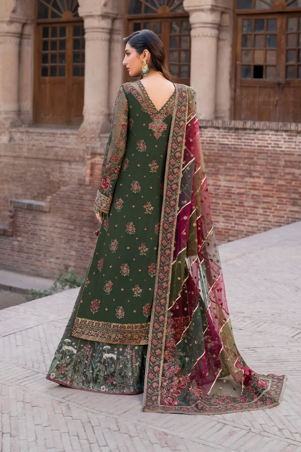 Iznik, luxury chiffon, 25’ , 3 PIECE SUIT , unstitched, chiffon , GREEN , ILC-01, BACK FULL
