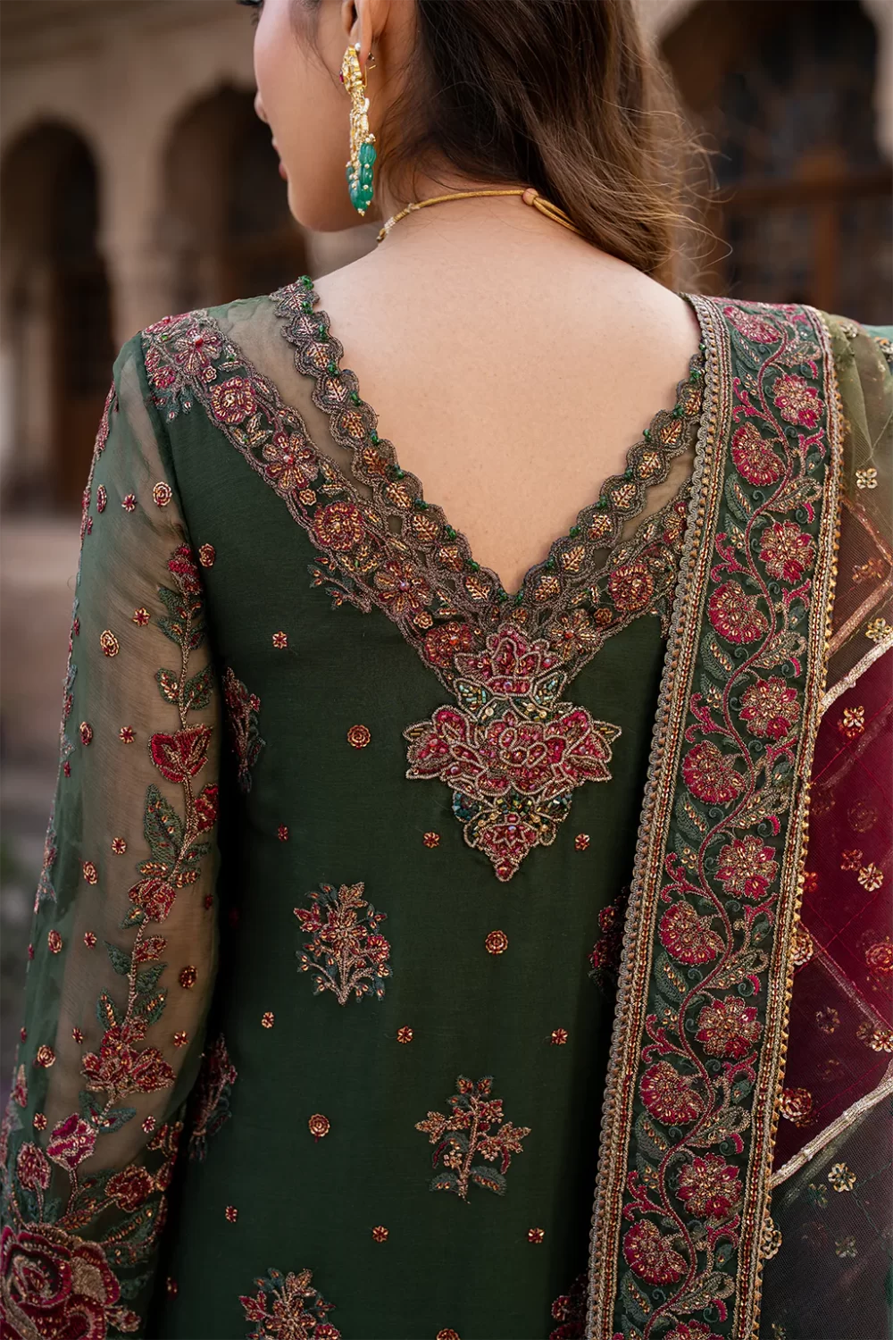 Iznik, luxury chiffon, 25’ , 3 PIECE SUIT , unstitched, chiffon , GREEN , ILC-01, BACK NECK