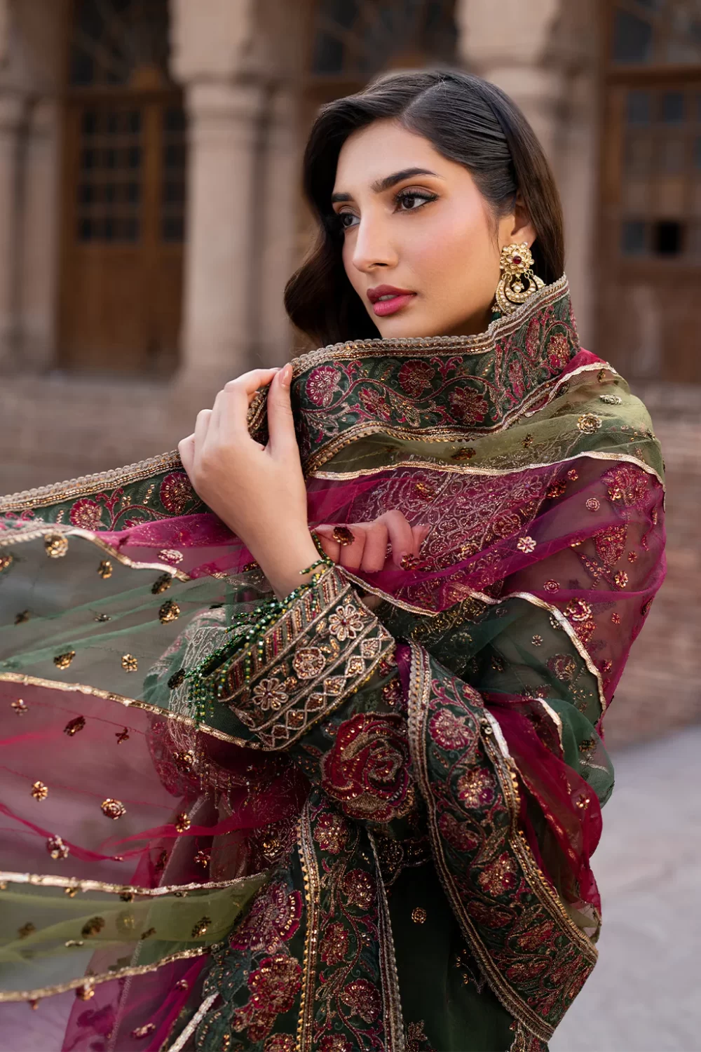 Iznik, luxury chiffon, 25’ , 3 PIECE SUIT , unstitched, chiffon , GREEN , ILC-01, DUPATTA
