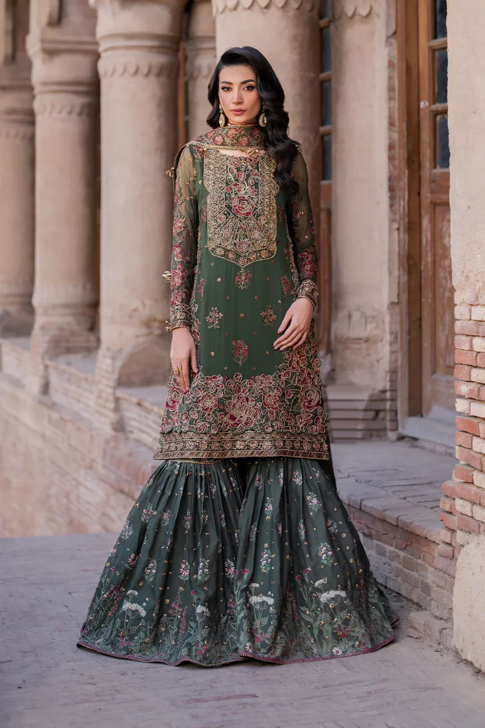 Iznik, luxury chiffon, 25’ , 3 PIECE SUIT , unstitched, chiffon , GREEN , ILC-01, FRONT, GHARARA, LEHENGA