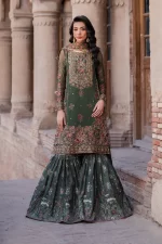 Iznik, luxury chiffon, 25’ , 3 PIECE SUIT , unstitched, chiffon , GREEN , ILC-01, FRONT, GHARARA, LEHENGA