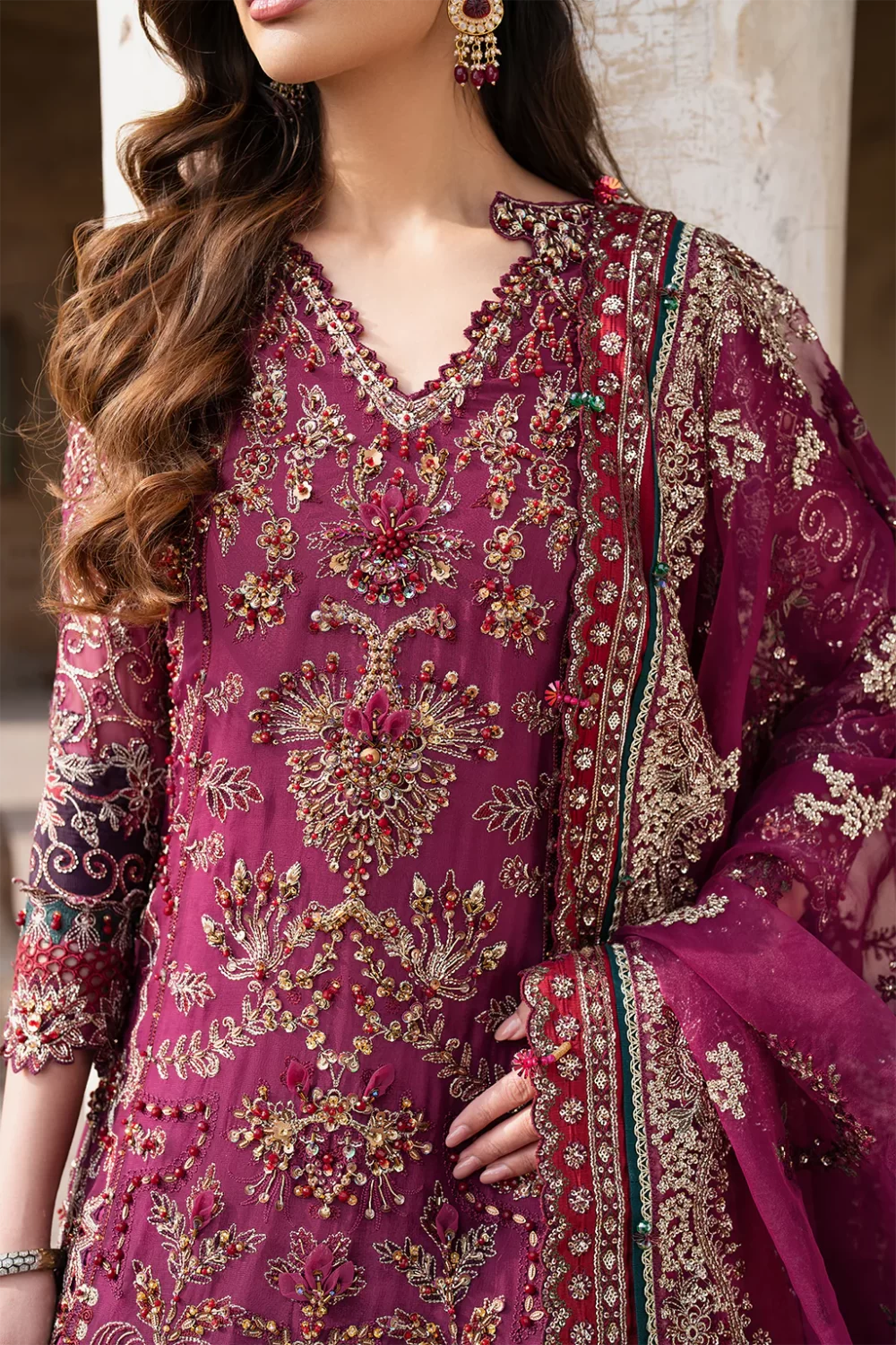 Iznik, luxury chiffon, 25’ , 3 PIECE SUIT , unstitched, chiffon , PINK, ILC-04, FRONT NECK