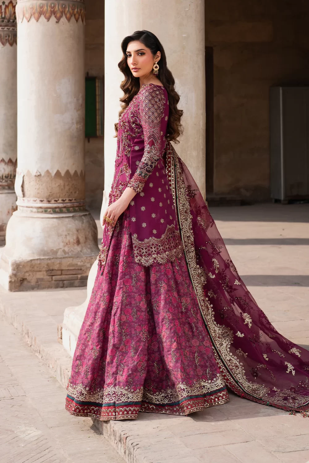 Iznik, luxury chiffon, 25’ , 3 PIECE SUIT , unstitched, chiffon , PINK, ILC-04, SIDE LOOK