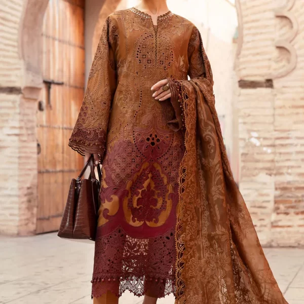 Maria b, luxe lawn 25’ , 3 PIECE SUIT , unstitched, lawn , rust color , D-2501-b, FRONT