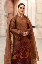Maria b, luxe lawn 25’ , 3 PIECE SUIT , unstitched, lawn , rust color , D-2501-b, FRONT shirt