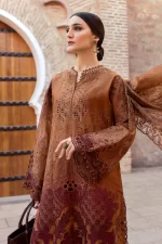 Maria b, luxe lawn 25’ , 3 PIECE SUIT , unstitched, lawn , rust color , D-2501-b, FRONT shirt neck