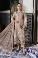 Maria b, luxe lawn 25’ , 3 PIECE SUIT , unstitched, lawn , coffee color , D-2502-a, FRONT