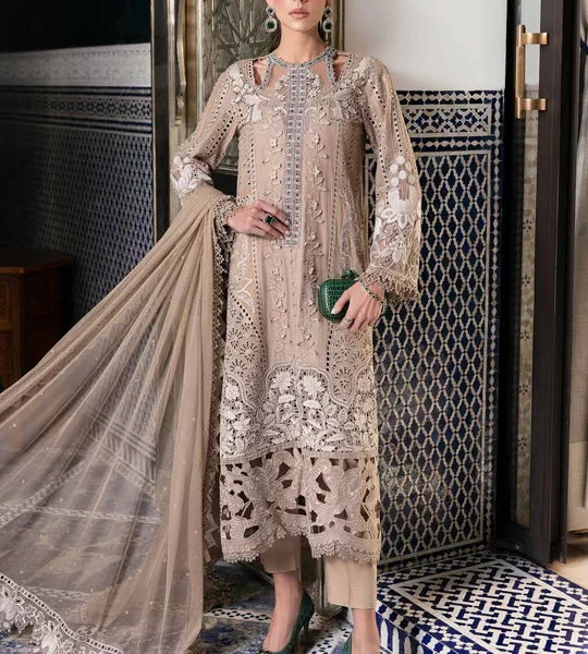 Maria b, luxe lawn 25’ , 3 PIECE SUIT , unstitched, lawn , coffee color , D-2502-a, FRONT