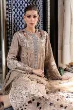 Maria b, luxe lawn 25’ , 3 PIECE SUIT , unstitched, lawn , coffee color , D-2502-a, FRONT neck