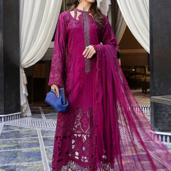 Maria b, luxe lawn 25’ , 3 PIECE SUIT , unstitched, lawn , magenta color , D-2502-b, FRONT