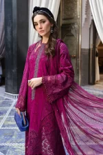 Maria b, luxe lawn 25’ , 3 PIECE SUIT , unstitched, lawn , magenta color , D-2502-b, FRONT shirt