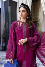Maria b, luxe lawn 25’ , 3 PIECE SUIT , unstitched, lawn , magenta color , D-2502-b, FRONT neck