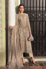 Maria b, luxe lawn 25’ , 3 PIECE SUIT , unstitched, lawn , coffee color , D-2503-a, FRONT