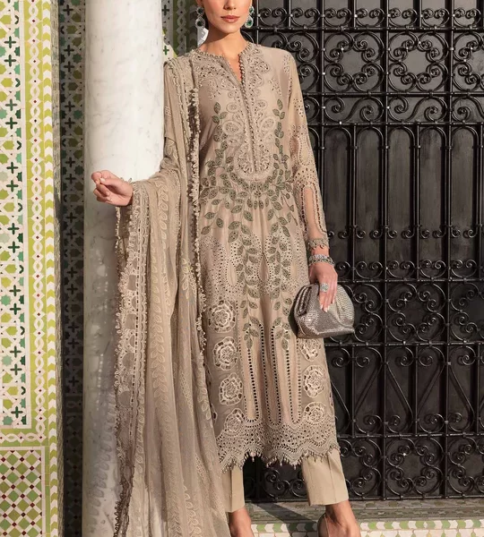 Maria b, luxe lawn 25’ , 3 PIECE SUIT , unstitched, lawn , coffee color , D-2503-a, FRONT