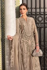 Maria b, luxe lawn 25’ , 3 PIECE SUIT , unstitched, lawn , coffee color , D-2503-a, FRONT, neck