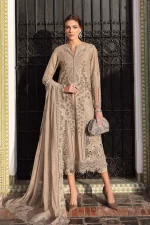 Maria b, luxe lawn 25’ , 3 PIECE SUIT , unstitched, lawn , coffee color , D-2503-a, FRONT style