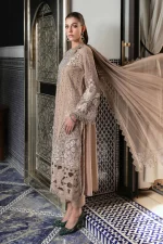 Maria b, luxe lawn 25’ , 3 PIECE SUIT , unstitched, lawn , coffee color , D-2503-a, side stye