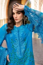 Maria b, luxe lawn 25’ , 3 PIECE SUIT , unstitched, lawn , ferozi, light blue , D-2503-b, FRONT, neck