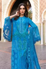 Maria b, luxe lawn 25’ , 3 PIECE SUIT , unstitched, lawn , ferozi, light blue , D-2503-b, FRONT shirt