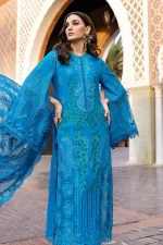 Maria b, luxe lawn 25’ , 3 PIECE SUIT , unstitched, lawn , ferozi, light blue , D-2503-b, FRONT shirt look
