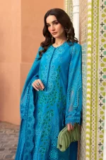 Maria b, luxe lawn 25’ , 3 PIECE SUIT , unstitched, lawn , ferozi, light blue , D-2503-b, side look