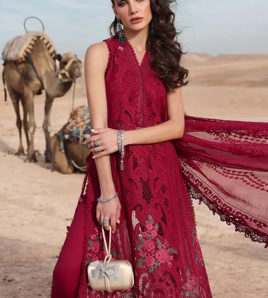 Maria b, luxury chiffon, 2025 collection , 3 PIECE SUIT , unstitched, lawn , red , d-2504-a, FRONT close look