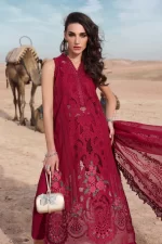 Maria b, luxury chiffon, 2025 collection , 3 PIECE SUIT , unstitched, lawn , red , d-2504-a, FRONT look