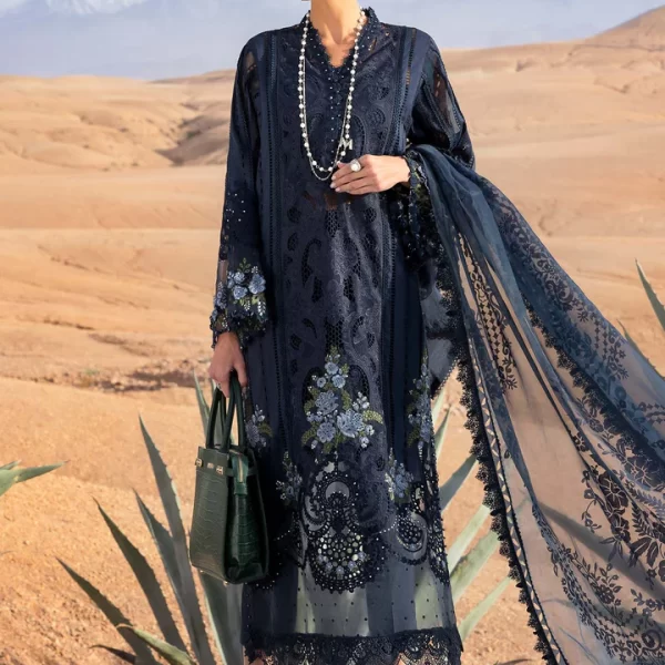 Maria b, luxury chiffon, 2025 collection , 3 PIECE SUIT , unstitched, lawn , navy blue , d-2504-b, FRONT