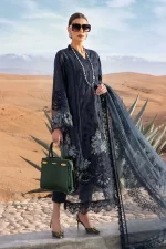 Maria b, luxury chiffon, 2025 collection , 3 PIECE SUIT , unstitched, lawn , navy blue , d-2504-b, FRONT look
