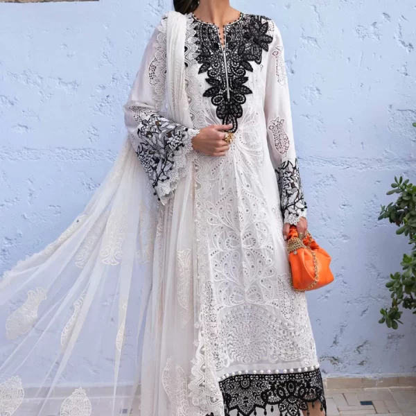 Maria b, luxe lawn 25’ , 3 PIECE SUIT , unstitched, lawn , off white color , D-2505-a, FRONT