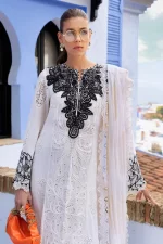 Maria b, luxe lawn 25’ , 3 PIECE SUIT , unstitched, lawn , off white color , D-2505-a, FRONT neck design