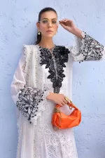 Maria b, luxe lawn 25’ , 3 PIECE SUIT , unstitched, lawn , off white color , D-2505-a, FRONT shirt