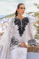 Maria b, luxe lawn 25’ , 3 PIECE SUIT , unstitched, lawn , off white color , D-2505-a, FRONT shirt