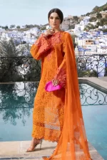 Maria b, luxe lawn 25’ , 3 PIECE SUIT , unstitched, lawn , orange color , D-2505-b, FRONT