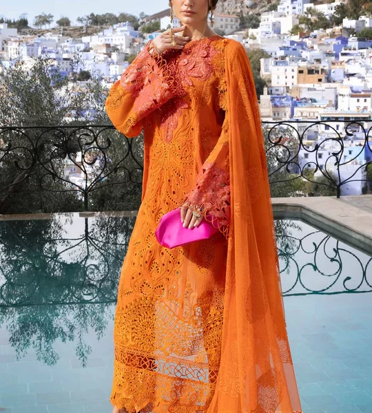 Maria b, luxe lawn 25’ , 3 PIECE SUIT , unstitched, lawn , orange color , D-2505-b, FRONT